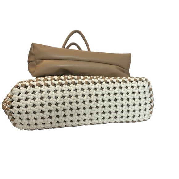 Sincerely Jules Brown & White Woven Vegan Leather Tote W Large Pouch(D243) - Picture 5 of 8